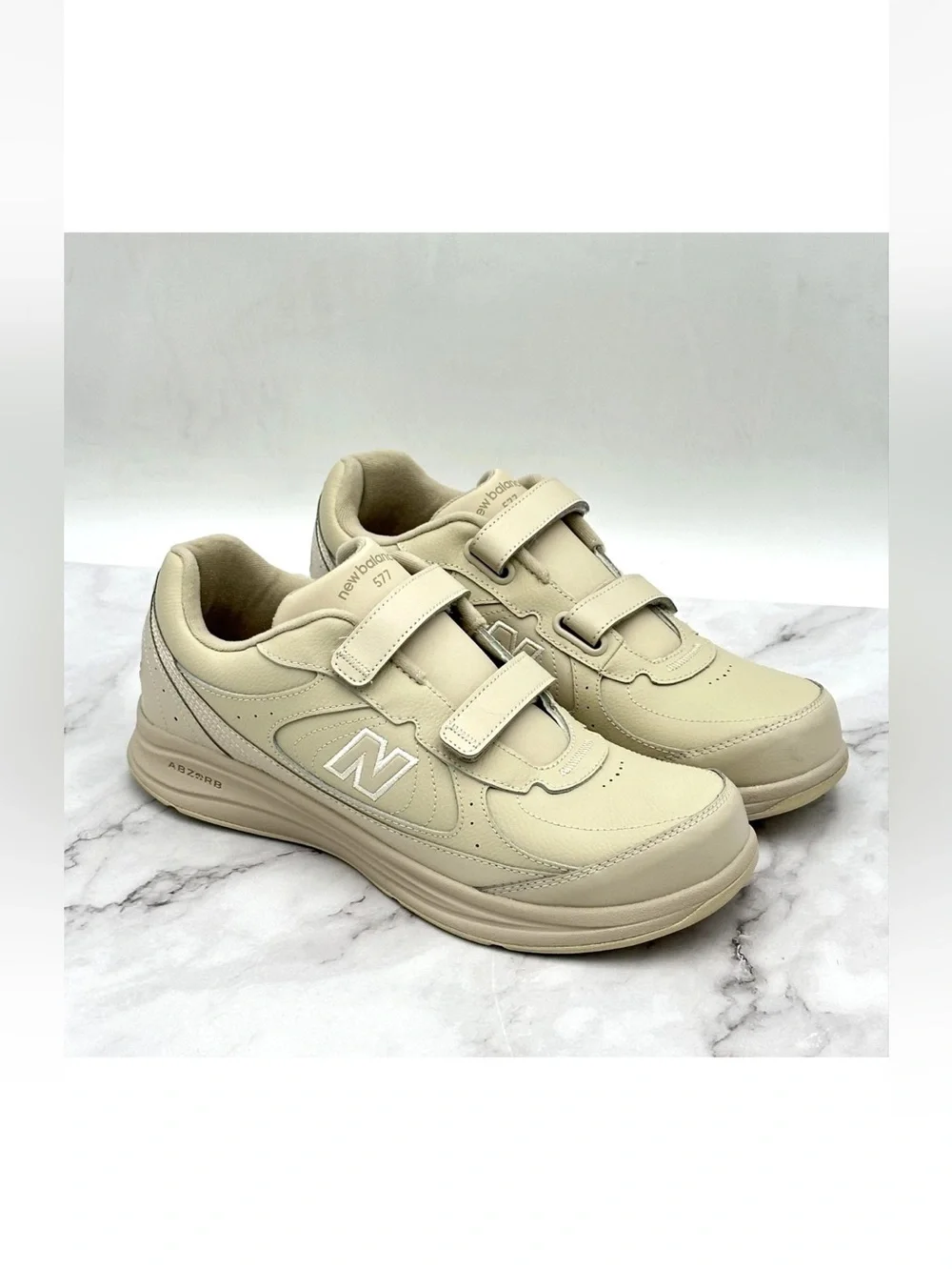 New Balance 577 Walking Shoes Mens 12 D Wide Beige Leather Hook Loop MW577VB